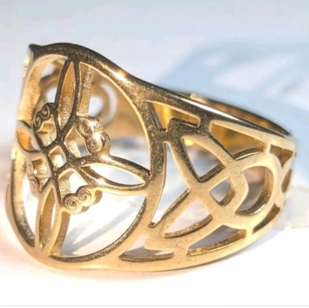 Witch Knot Golden Stainless Steel Ring For Women Wiccan Cross Celtic Knot Sz 8
